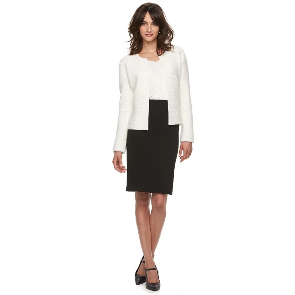 ELLE Cardigan Open Front Textured Knit Ivory Long Sleeve Size L Career Classic